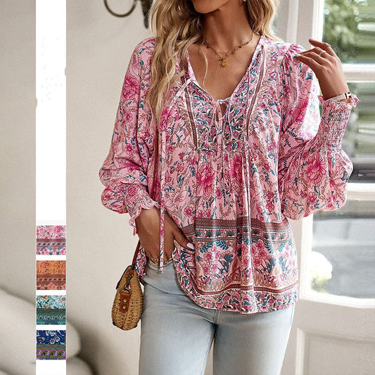 💃Letzter Tag Verkauf  49% RABATT🥰Damen modisches Langarm-Hemd mit V-Ausschnitt und Druck
