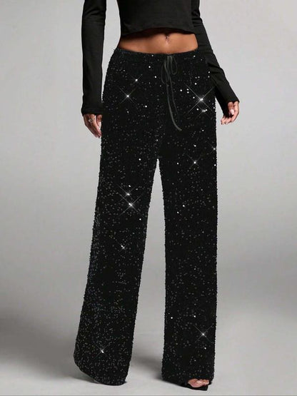 💖Letzter Tag Verkauf 50% Rabatt💃Damen Paillette Sparkle Breite Bein Hose mit elastischem Bund